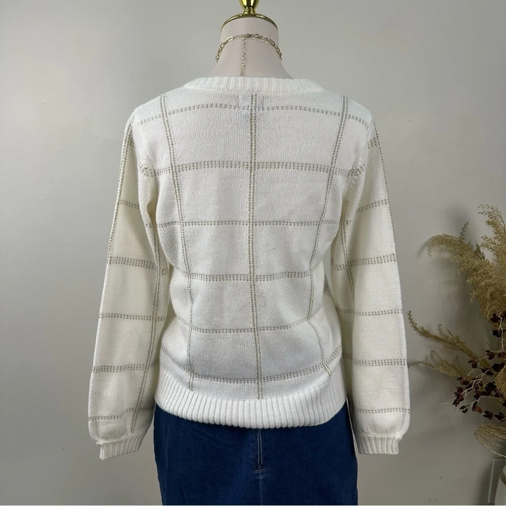 Worthington Women's Sweater Small S Ivory Gold Metallic Plaid V-Neck Shimmer - Picture 4 of 12